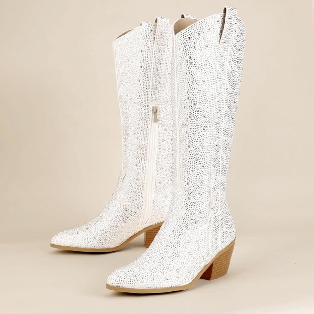 Women's White Rhinestone Cowboy Boot Knee High Western Cowgirl Boots Pointed Toe - Picture 3 of 6